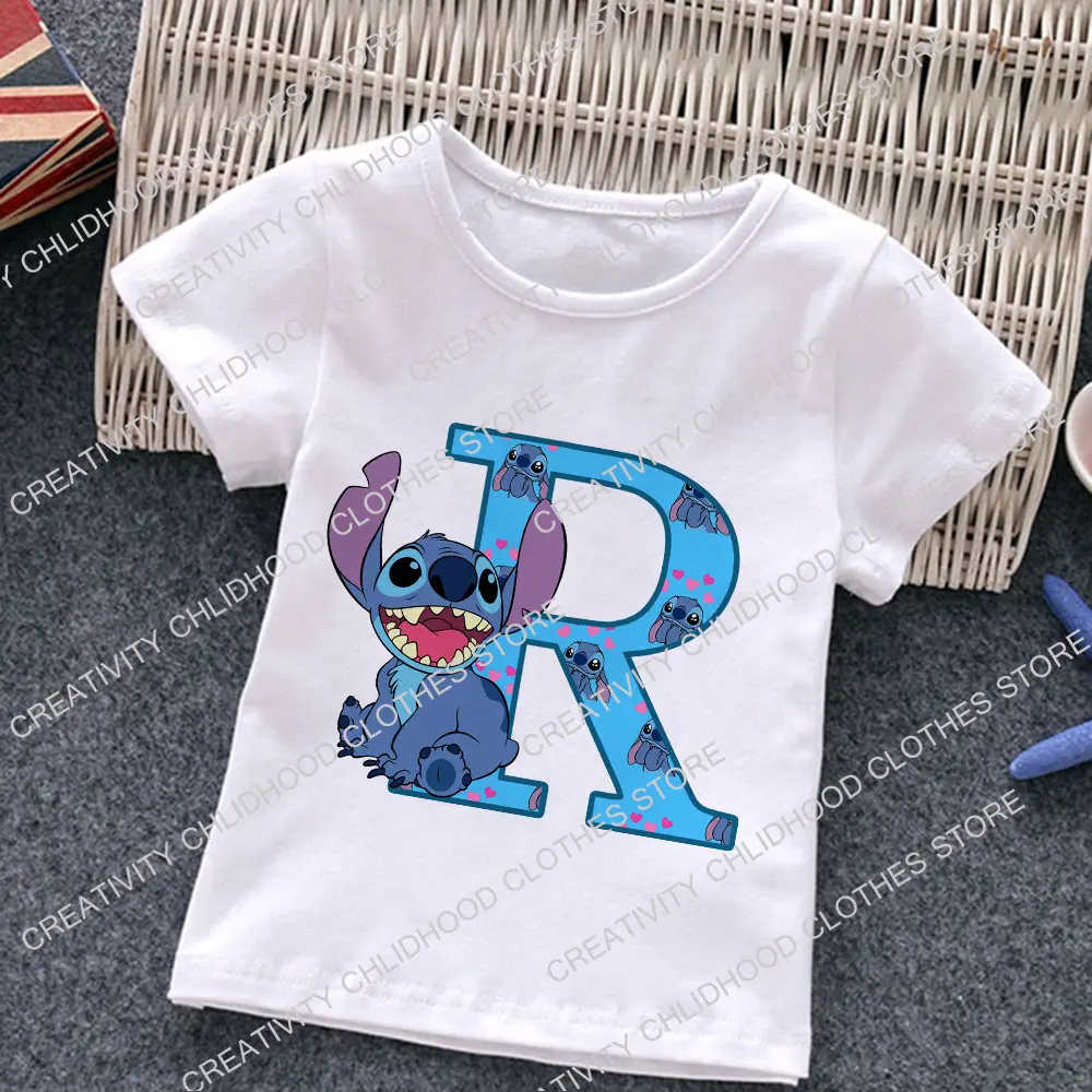 Stitch Huruf A-Z Anak-anak T-shirt Nama Kombinasi Kaos Kartun Kawaii Anak Pakaian Kasual Anak Perempuan Anak Laki-laki Fashion Harajuku Atasan - 5