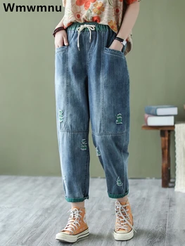 Streetwear Jeans Harem Lubang Robek Celana Denim Panjang Pergelangan Kaki Longgar Korea Wanita Desain Kasual Vaqueros Pantalon Bertali Longgar