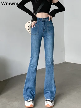 Streetwear Pinggang Tinggi Flare Denim Celana Wanita Korea Jeans Lurus Musim Semi Musim Gugur Kasual Vintage Pantalones Slim Vaqueros Kantong