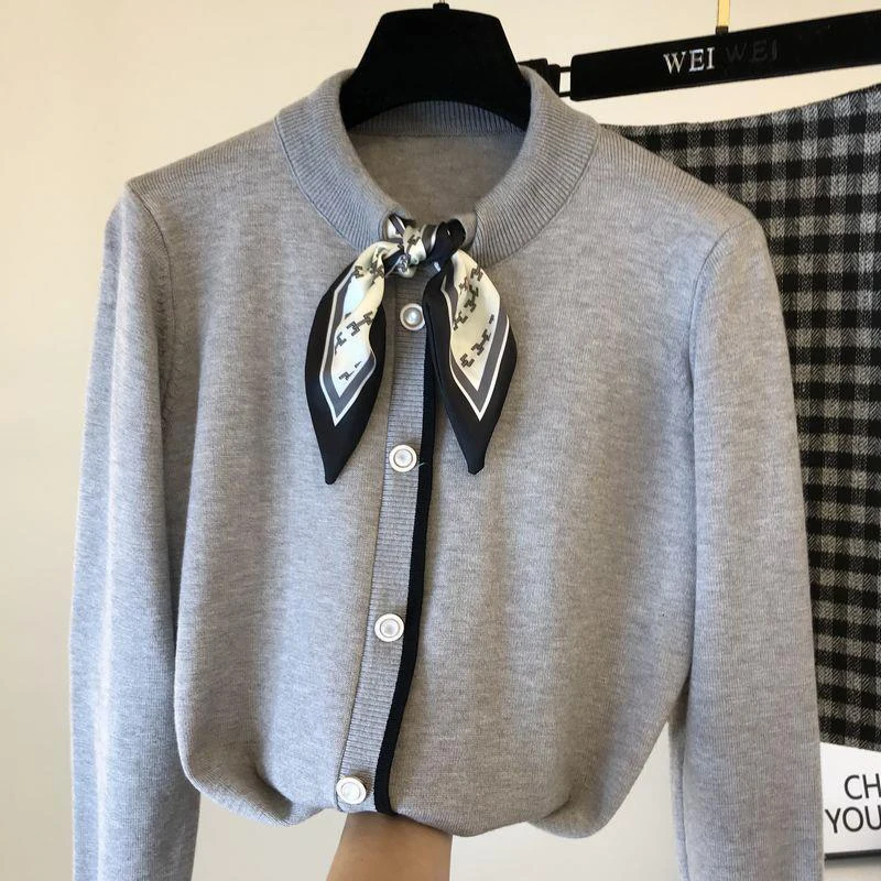 Sweter Desain Dasi Kupu-kupu Klasik Musim Gugur Baru Blus Leher Busur Kantor Elegan Mode Sweter Rajutan Pullover Lengan Panjang Wanita - 3