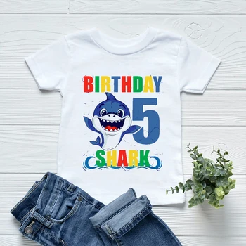 T-shirt Anak Laki-laki Mode Obral Panas 2022 Atasan Kostum Pesta Ulang Tahun Anak-anak Gambar Hiu Lucu Nomor 1-10 Tahun Atasan Kaus Kostum Pesta Ulang Tahun Anak-anak