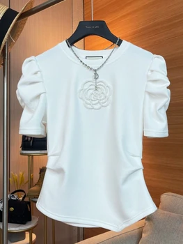 T-shirt Lengan Pendek Leher Bulat Musim Panas Atasan Tipis Katun Lipit Lengan Gelembung Prancis Tidak Beraturan Camellia Wanita Atasan Tipis Gothic