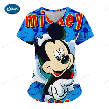 T-shirt Musim Panas Wanita V-neck 3d Printing Seragam Perawat Perawatan Medis Kaus Lengan Pendek Anak Perempuan Cetak Mickey Mouse Disney S-5x