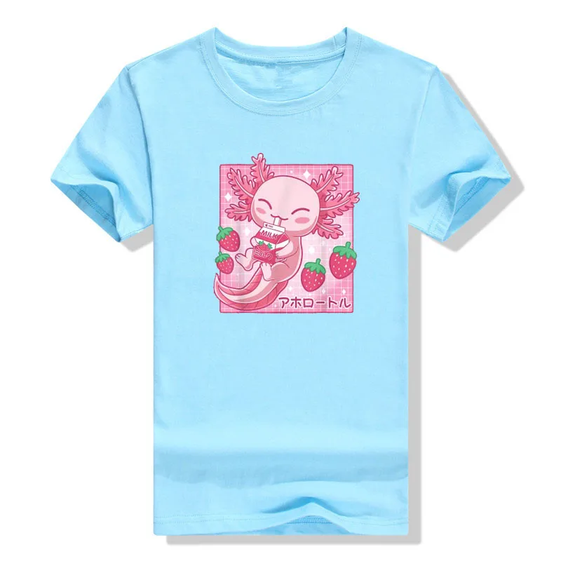T-Shirt Anime Jepang Karton Kocok Susu Stroberi Axolotl Kawaii - 2