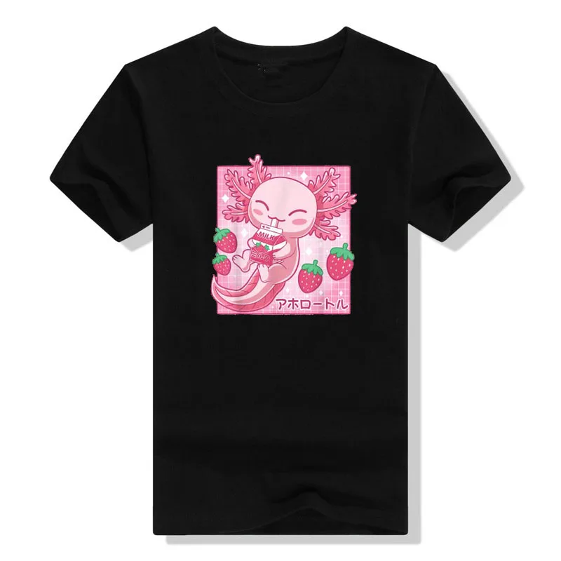 T-Shirt Anime Jepang Karton Kocok Susu Stroberi Axolotl Kawaii - 5
