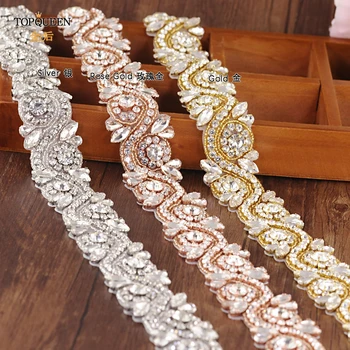 TOPQUEEN S164 1 Buah Ikat Pinggang Pengantin Kristal Buatan Tangan Aksesori Applique untuk Gaun Patch Berlian Imitasi Manik-manik Emas Mawar Perak