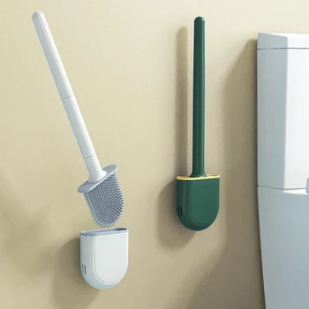 TPR Silikon Sikat Toilet Kepala Datar Fleksibel Dipasang Di Dinding Set Tempat Sikat Pembersih Mangkuk Toilet Hitam untuk Kamar Mandi TOILET