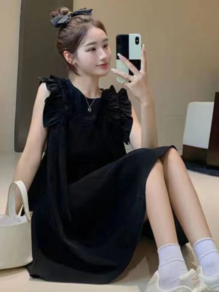 Tali Gaun Mini Wanita Ruffles Solid Manis Gaya Perancis Longgar Tanpa Lengan Feminin Lembut Rompi Korea Fashion Style Dasar In Kasual - 4