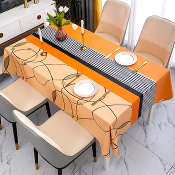 Taplak Meja Linen Gaya Penyambungan Oranye Pola Sederhana Rumah Tangga Taplak Meja Pesta Dapur Persegi Panjang Penutup Meja Dekorasi Rumah