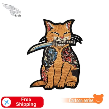 Tato Kucing dengan Pisau Tambalan Setrika Bersulam Jepang untuk Pakaian DIY Kemeja Tambalan Kartun Stiker Kepar Appliques Keren
