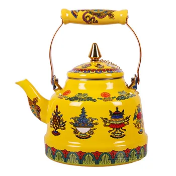 Teko Berenamel dengan Pegangan Keramik, Tibet good luck yellowTea Kettle untuk Kompor / kompor induksi Air Panas Tanpa Siulan 2.4 L