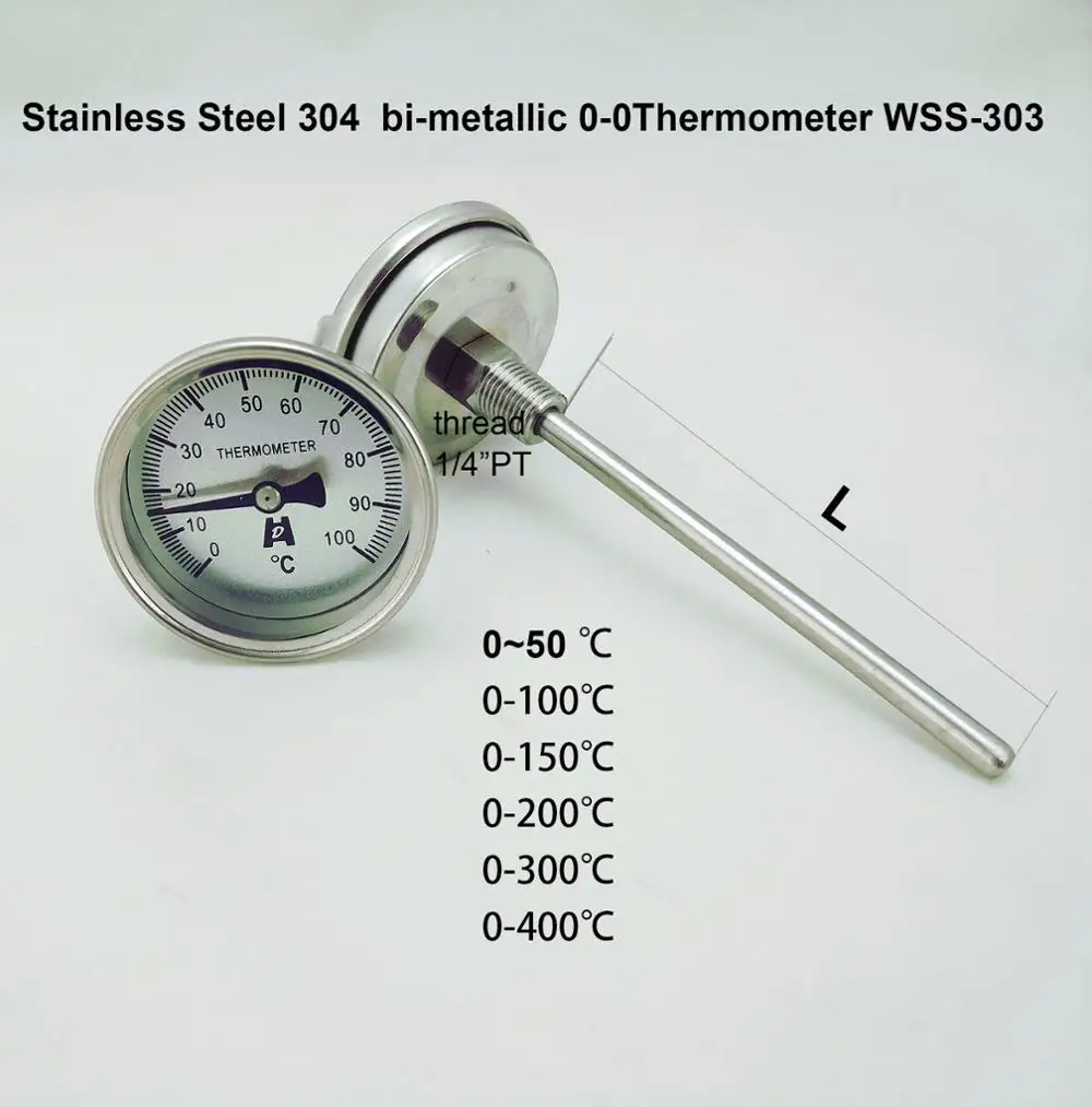 Termometer bi-logam Baja Tahan Karat HD 0-50~300 derajat, Panjang probe L=100, Ulir 1 / 4PT WSS-303 - 0