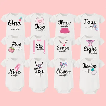 Tonggak Bulanan Bodysuit Pertumbuhan Bayi Perempuan 1-12 Bulan Hadiah Baby Shower Gambar Bulan Pakaian Jumpsuit Bulanan Baju Monyet Bayi