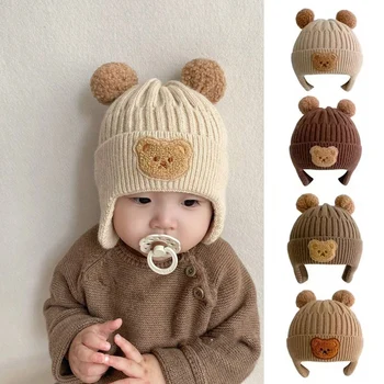 Topi Beanie Bayi Musim Dingin Topi Rajutan Pelindung Telinga Beruang Kartun untuk Anak Laki-laki Perempuan Balita Topi Rajutan Anak-anak Hangat Korea Lucu Gorros
