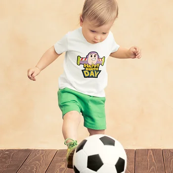 Toy Story Pakaian Anak-anak T-shirt Kartun Selamat ULANG TAHUN Buzz Lightyear Kawaii Cetak Musim Panas Lengan Pendek 3-12 Tahun