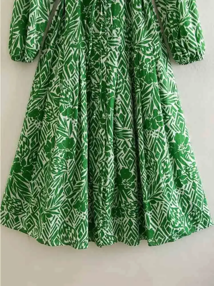 TRAF Gaun Kemeja Hijau 2023 Gaun Panjang Bermotif Wanita Gaun Pesta Wanita Elegan Midi Terikat Wanita Gaun Musim Panas Lengan Panjang - 3
