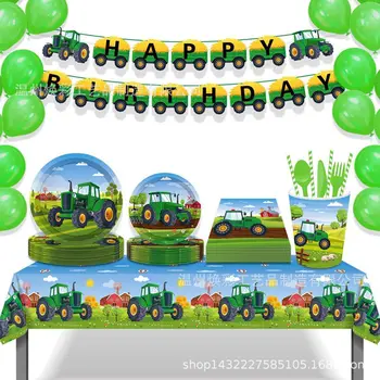 Traktor pertanian peralatan makan pesta ulang tahun sekali pakai Perlengkapan Pesta Piring Kertas Cangkir Kertas handuk kertas bendera balon Taplak meja