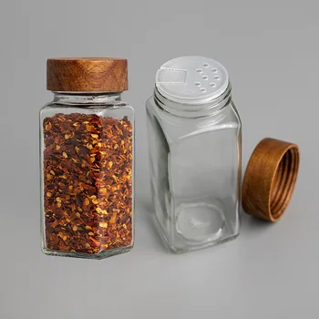 Tutup Kayu Sederhana Botol Bumbu Kaca Transparan Persegi Dapat Multi-Fungsi Alat Penyimpanan Bumbu Garam Meja Dapur Memasak