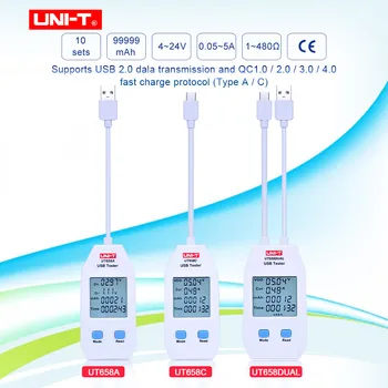 UNI-T UT658A / UT658C / UT658DUAL Seri USB Power Meter Digital Meter untuk Tegangan / Arus / Kapasitas / Energi dan Ketahanan