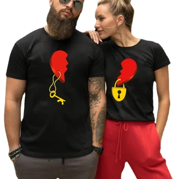Valentine Hadiah Raja Ratu Pasangan T Shirt Splicing Kunci Jantung Dicetak Wanita Pria Musim Panas Mencintai T-shirt