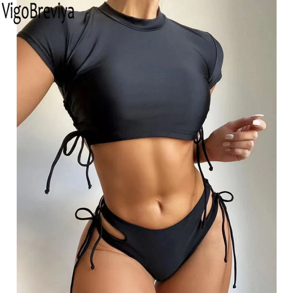 VigoBreviya Pakaian Renang Lengan Pendek Solid 2023 Pakaian Renang Push Up Bikini Berongga Berpotongan Tinggi Seksi Wanita Baju Renang Pantai Musim Panas Pakaian Renang - 0