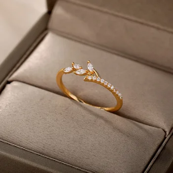 Vintage Kristal Daun Cincin untuk Wanita Stainless Steel Daun Zircon Pernikahan Pertunangan Fashion Cincin Perhiasan Hadiah
