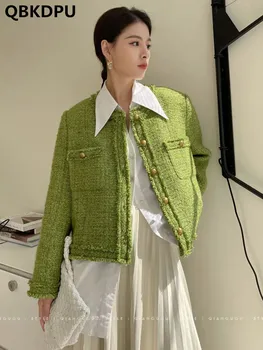 Vintage Slim Tweed Jaket Wanita Musim Semi Musim Gugur Chaquetas Klasik Wanita Jaquetas Campuran Wol Mantel Pendek Pakaian Korea Ceketler