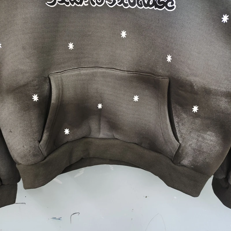Vintage Abu-abu Hellstar Bertudung Hoodie Bulu Kaus Pria Wanita Kebesaran Jalan Lumpur Api Potret Cetak Pullover - 4