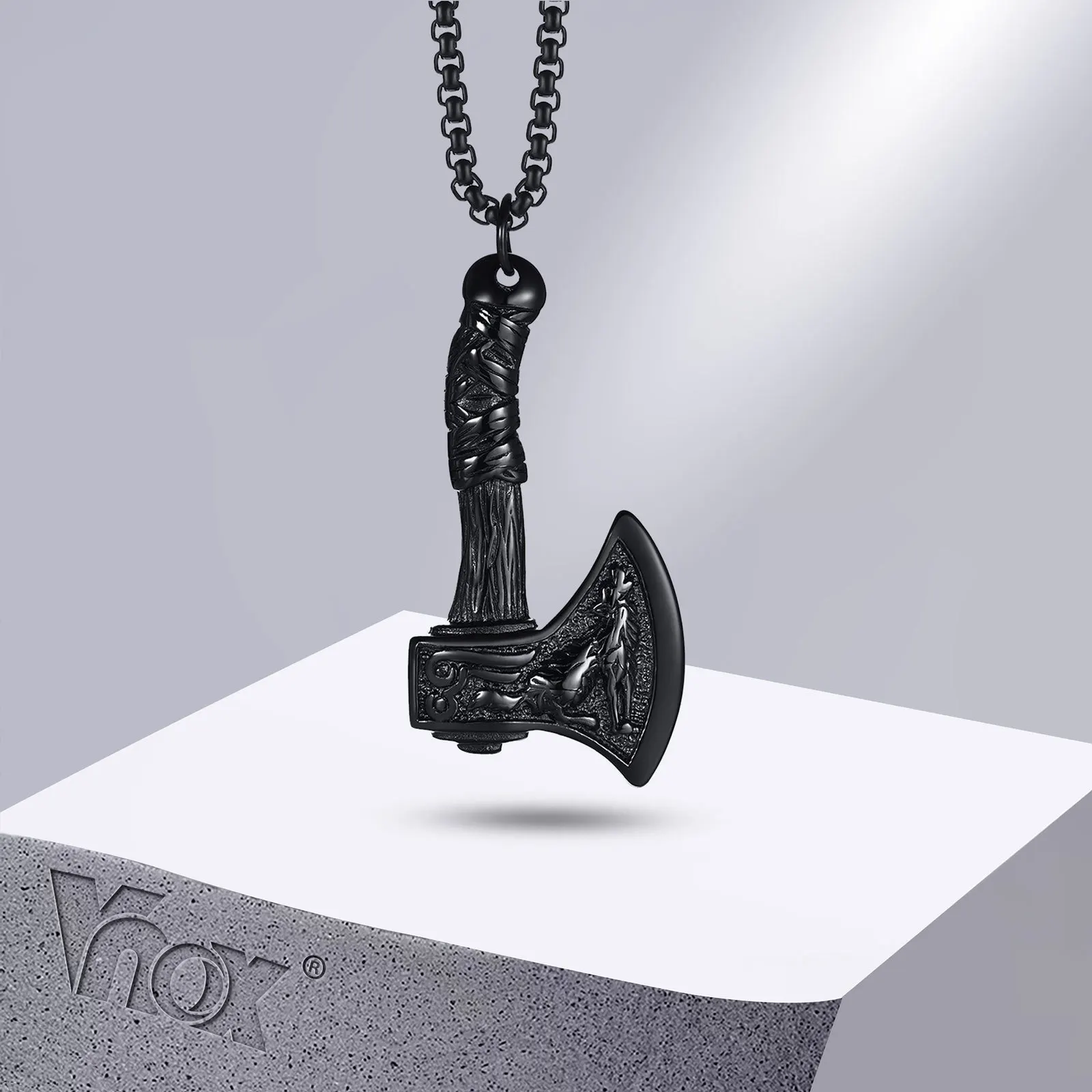 Vnox Kalung Kapak Viking Nordik untuk Pria, Liontin Kapak Kepala Naga Baja Tahan Karat, Perhiasan Punk Norse Gotik - 0