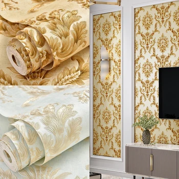 Wallpaper Gaya Eropa Mewah Dekorasi Rumah Gulungan Kertas Dinding 3D Damask Bunga untuk Kamar Tidur Ruang Tamu Timbul Wallpaper Bunga 3d Timbul
