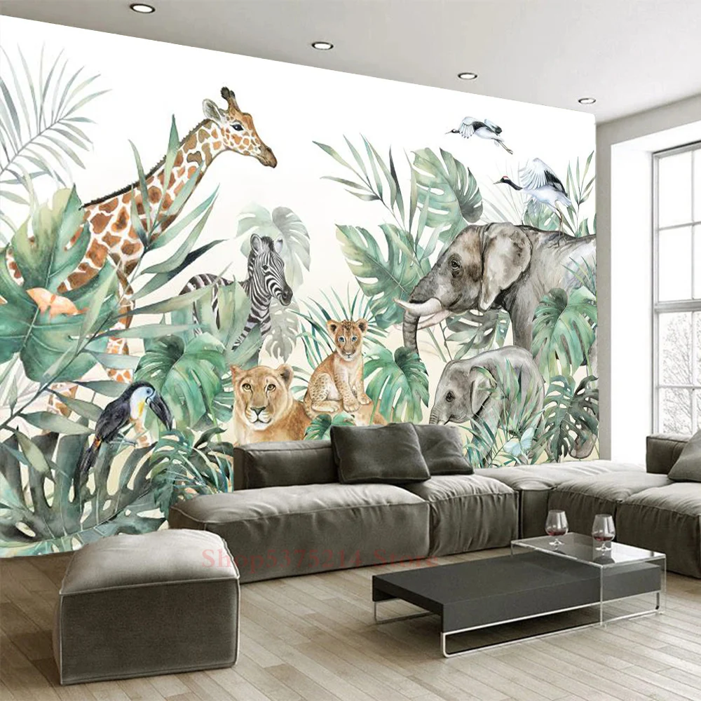 Wallpaper Dekoratif Kamar Bayi Anak-anak Hewan Hutan Dicetak Wallpaper Dinding untuk Renovasi Kamar Anak Gajah Jerapah Kustom - 2