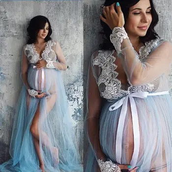 Wanita Maternity Dress untuk Pemotretan Kehamilan Pakaian Lengan Panjang Lace Trim Mesh Tipis Split Hamil Gaun Wanita