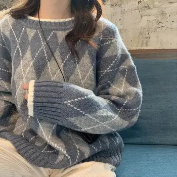 Wanita Rajutan Sweater Fashion Kebesaran Pullover Musim Dingin Argyle Longgar Sweater Korea College Wanita Jumper Sueter Mujer