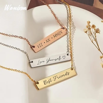 Wanixm Fashion Kustom Ukiran Nama Kalung untuk Wanita Pribadi Stainless Steel Emas Bar Kalung Papan Nama Liontin Perhiasan