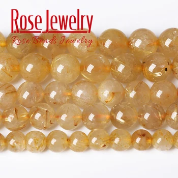 Warna Emas Alami Rutile Actinolite Quartz Round Loose Beads 4/6/8/10/12 MM Pilih Ukuran Untuk Pembuatan Perhiasan Kalung Gelang