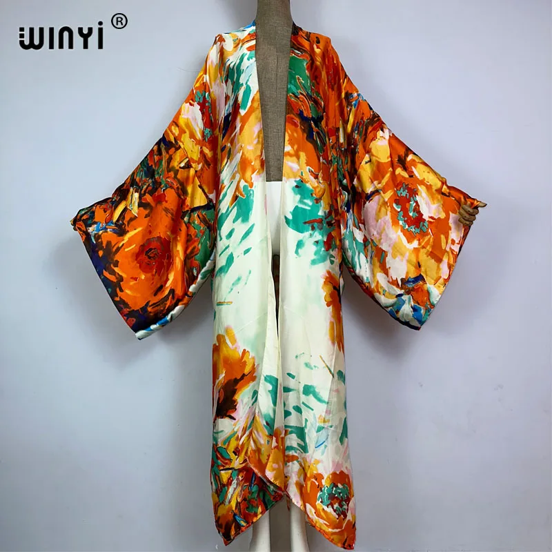 WINYI Pakaian Pantai Cetak Bohemian Musim Panas Bikini Cover-up Kardigan Kimono Mode Elegan Gaun Longgar Perasaan Sutra Lengan Panjang Seksi Gaun Longgar - 2