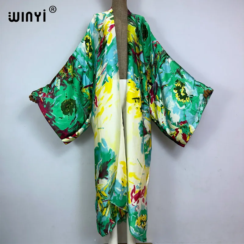 WINYI Pakaian Pantai Cetak Bohemian Musim Panas Bikini Cover-up Kardigan Kimono Mode Elegan Gaun Longgar Perasaan Sutra Lengan Panjang Seksi Gaun Longgar - 4