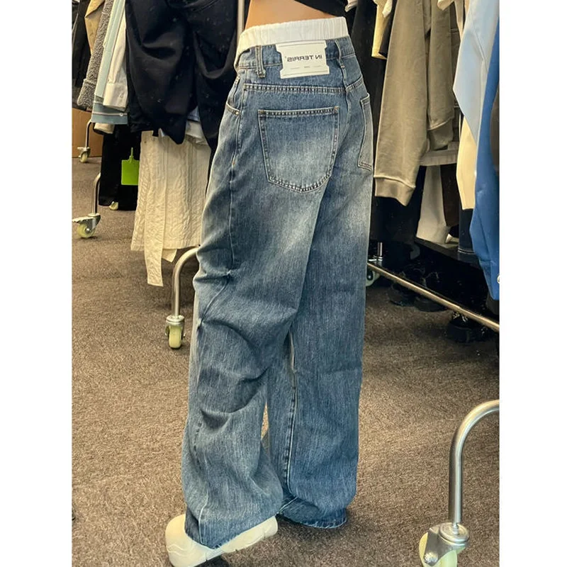 Y2K Streetwear Wanita Vintage Korea Kebesaran Kasual Pinggang Tinggi Lurus Lebar Kaki Celana Jeans Longgar Celana Denim Grunge Alt Pakaian - 2