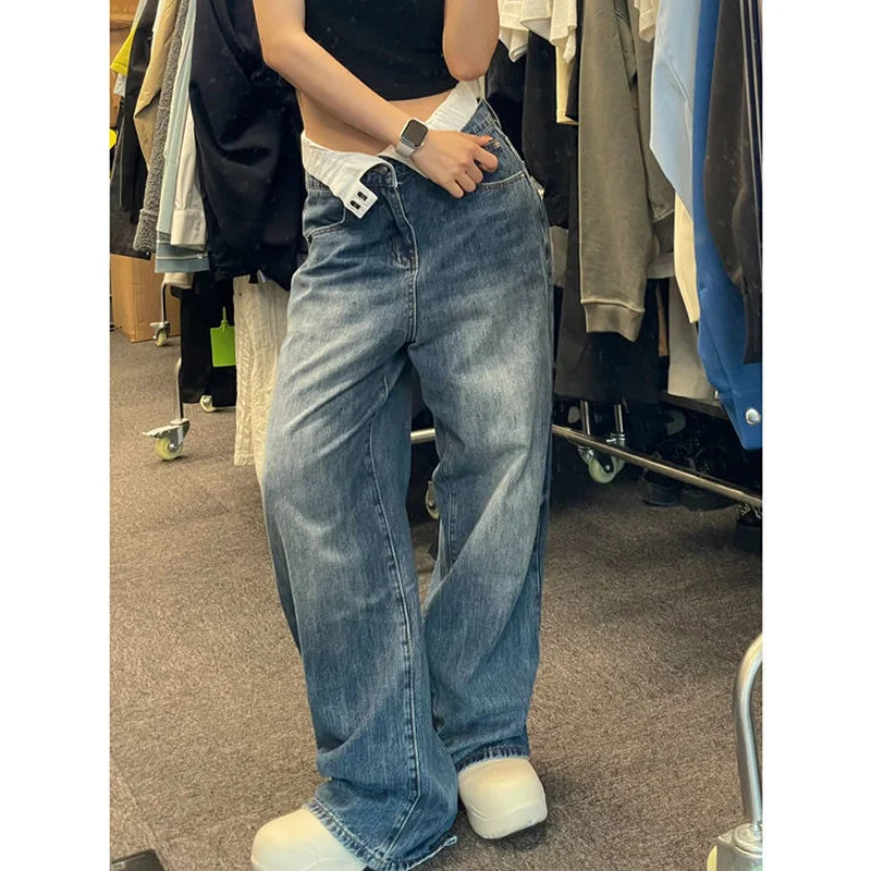 Y2K Streetwear Wanita Vintage Korea Kebesaran Kasual Pinggang Tinggi Lurus Lebar Kaki Celana Jeans Longgar Celana Denim Grunge Alt Pakaian - 4