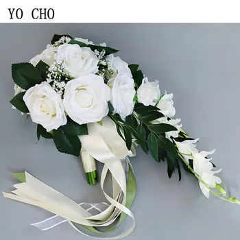 YO CHO Buket Pengantin Pernikahan Mawar Sutra Dekorasi Bunga Genggam Pasokan Pesta Liburan Buket Pernikahan Mawar Air Terjun Eropa
