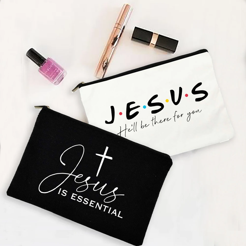 Yesus Dia Akan Ada untuk Anda Tas Kosmetik Kanvas untuk Tas Wanita Hadiah Wanita Liburan Kristen Kantong Pensil Make Up Organizer - 0