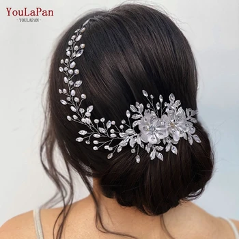 YouLaPan HP511 Paduan Ikat Kepala Pernikahan Bunga Aksesori Rambut Pengantin Headpiece Wanita Berlian Imitasi dengan Sisir Perhiasan Hiasan Kepala Pengantin