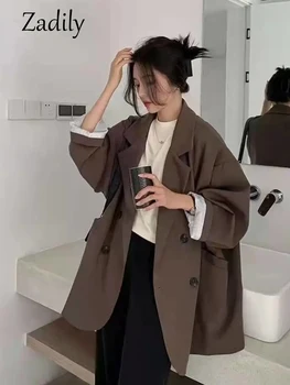 Zadily Blazer Lengan Panjang Kasual Musim Gugur 2022 Blazer Setelan Wanita Oversize Gaya Korea Wanita Pakaian Kerja Jaket Mantel