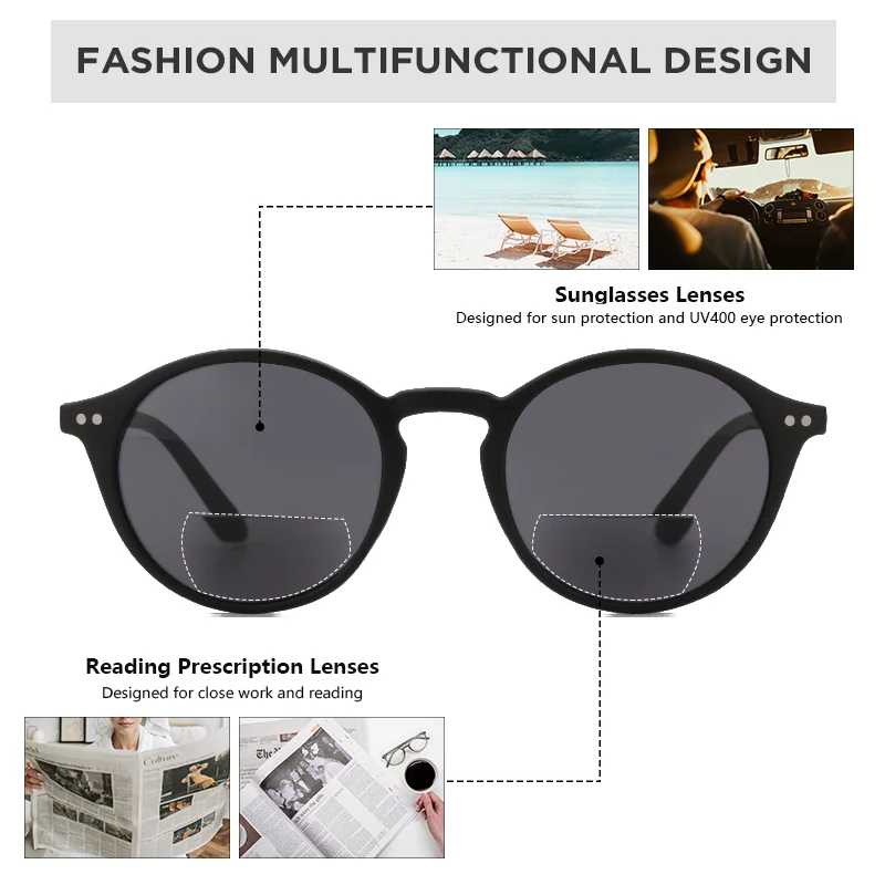 ZENOTTIC Fashion Kacamata Baca Matahari Bifokal untuk Pria Wanita Kacamata Presbiopia Bulat Kacamata Hitam UV400 Luar Ruangan dengan Dioptri - 1