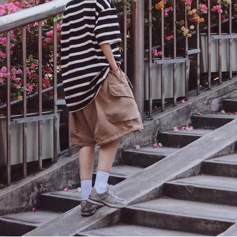 Zoki Streetwear Jepang Celana Pendek Kaki Lebar Longgar Celana Pendek Saku Besar Bf Antik Musim Panas Wanita Mode Kasual Semua Cocok Celana Pendek Kargo - 3